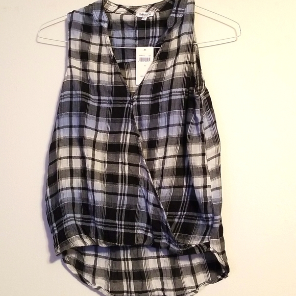 Splendid Plaid Surplice Tank Sleeveless Cotton Gauze Style Crinkle Blue Black Wh - Picture 3 of 7